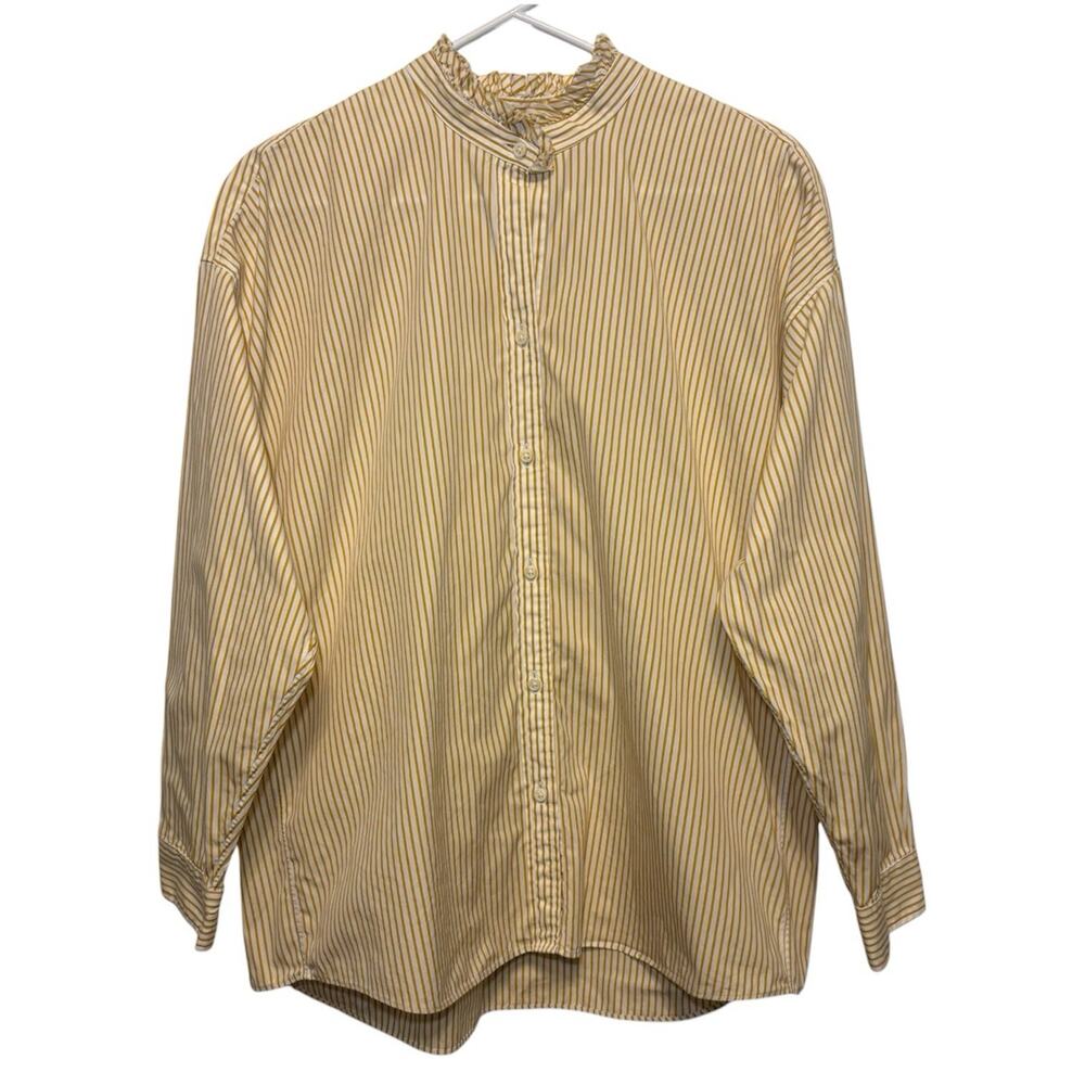 Ann Mashburn Striped Poplin Button Up Womens M Yellow White Ruffle Collar Preppy